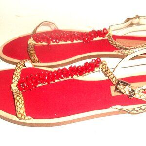 BCBG MAXAZRIA NEAR-NEW Beaded Snakeskin T-Strap Flat Sandals $165 7.5M EUC